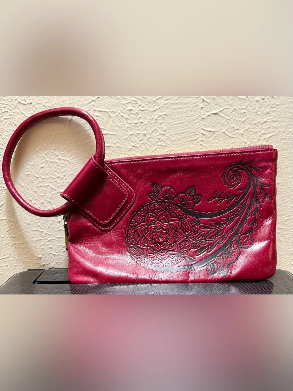 Stylish Red Leather HOBO Wristlet Clutch with Floral Embossing